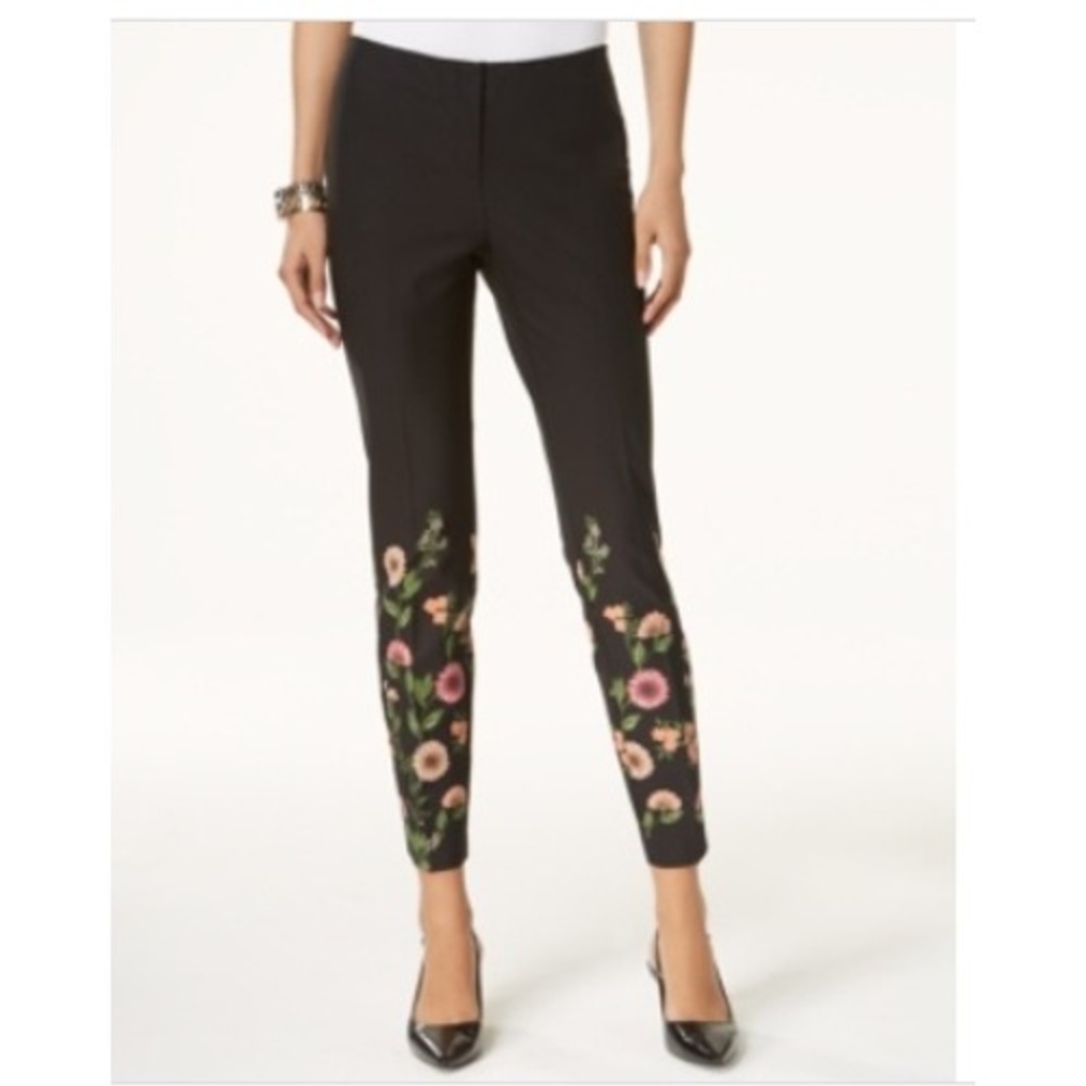 NWT Alfani Women's Black Floral Print Skinny Leg‎ Dress Pants Stretch 16 $74